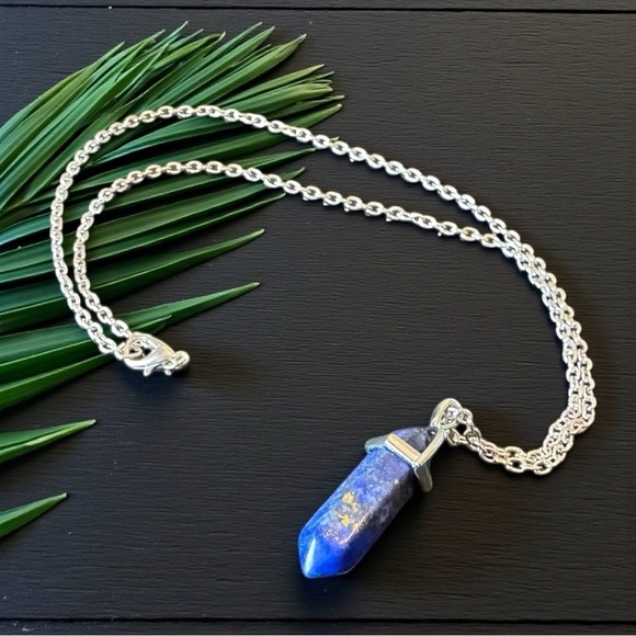 Lapis Lazuli Crystal Pendant Necklace – Silver Tone Chain - Picture 3 of 6